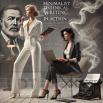 Minimalist technical writing in action – two professional women working on digital content with Hemingway-inspired aesthetics, featuring a typewriter, laptop, and a sleek, modern office setting.